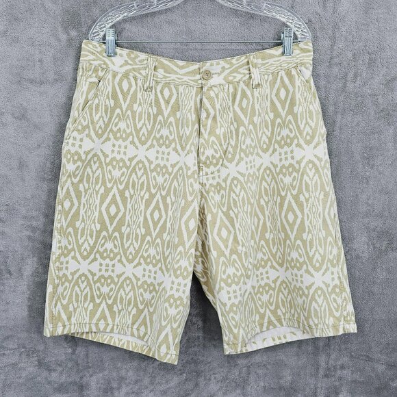 Parish Nation Mens Bermuda Shorts 38 Tan Cream Ikat Print Button Fly Retro 90s - Picture 1 of 9